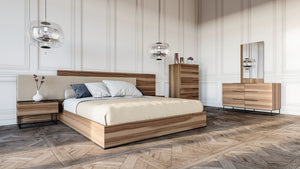 Queen Nova Domus Matteo Italian Modern Walnut & Fabric Bed + 2 Nightstands + Dresser Set