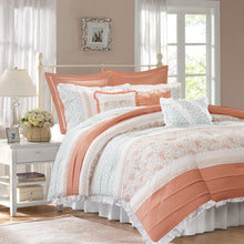 Load image into Gallery viewer, Dawn - Coral 100% Cotton Percale Printed Piecing Pintuck Ruched Flange 9pcs Comforter Set
