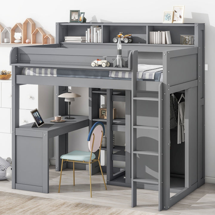 Walker Edison - Wood Twin Size Loft bed with Multiple Storage Shelves and Wardrobe, Gray