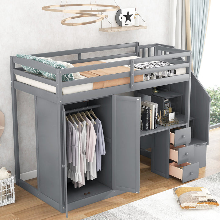 Walker Edison - Twin Size Loft Bed with Wardrobe and Staircase, Desk and Storage Drawers and Cabinet in 1, Gray