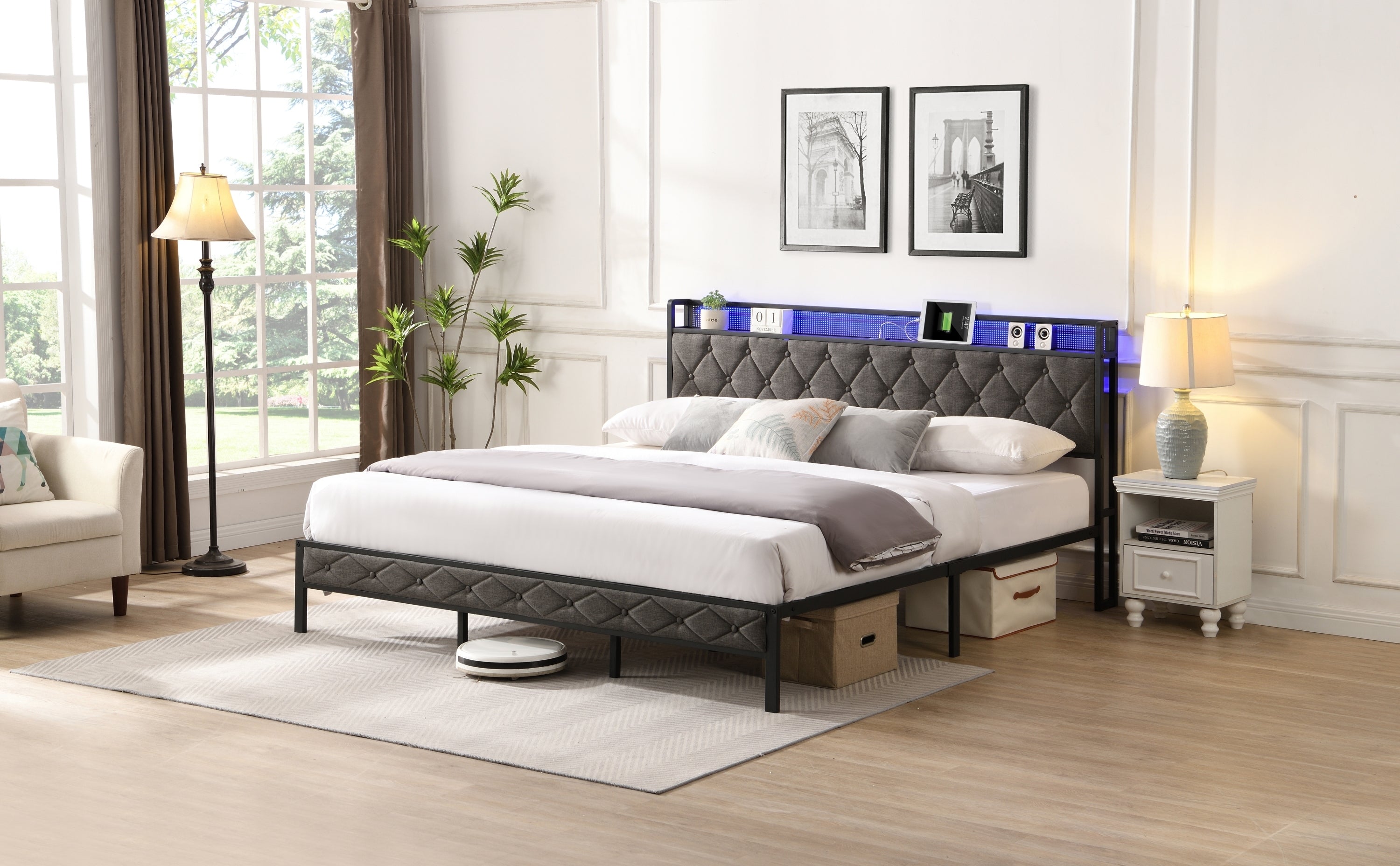 Walker Edison - Upholstered Storage Charging Station and LED Lights Bed