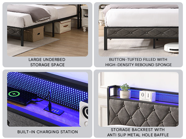 Walker Edison - Upholstered Storage Charging Station and LED Lights Bed