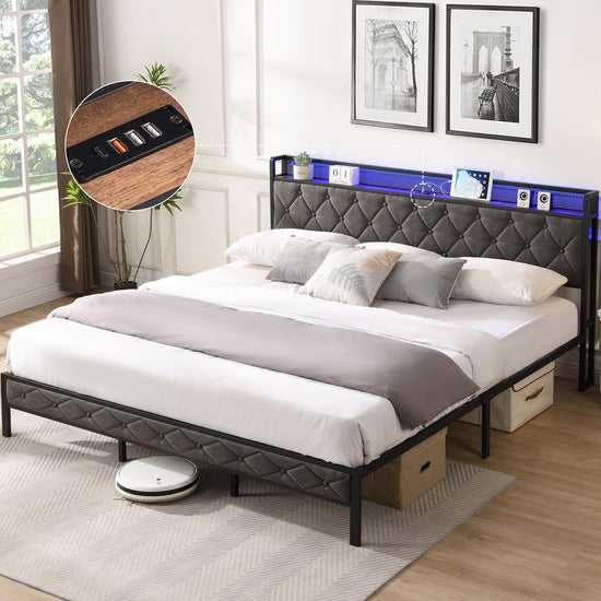 Walker Edison - Upholstered Storage Charging Station and LED Lights Bed