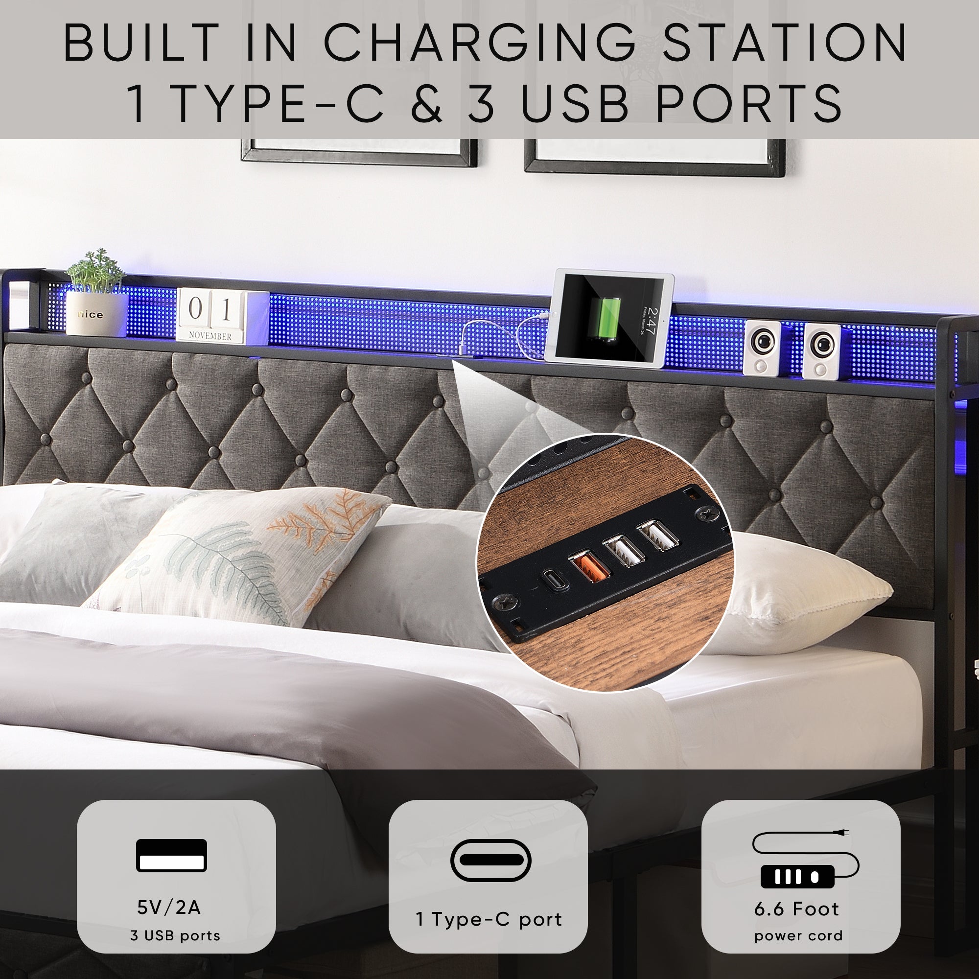 Walker Edison - Upholstered Storage Charging Station and LED Lights Bed