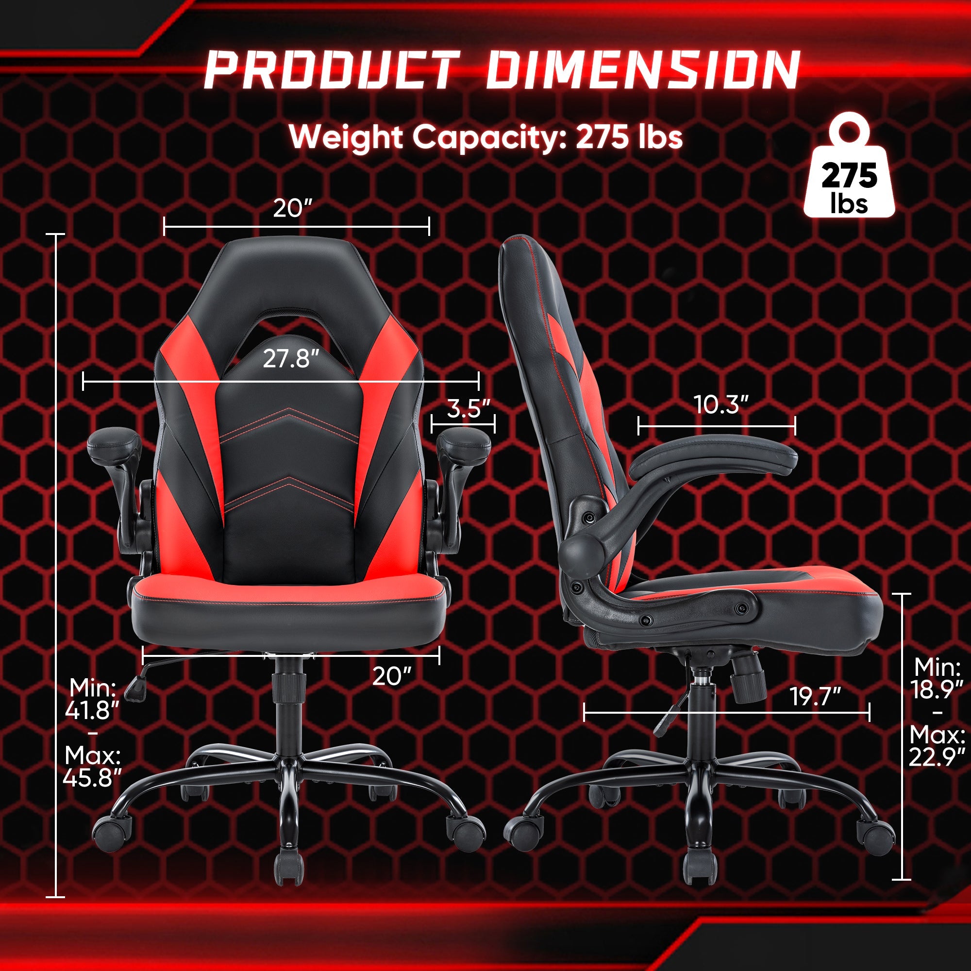 Walker Edison - Gaming Chair - PU Leather Computer Chair Ergonomic Office Chair with Lumbar Support, Height Adjustable Rolling Desk Chairs with Flip-up Armrests