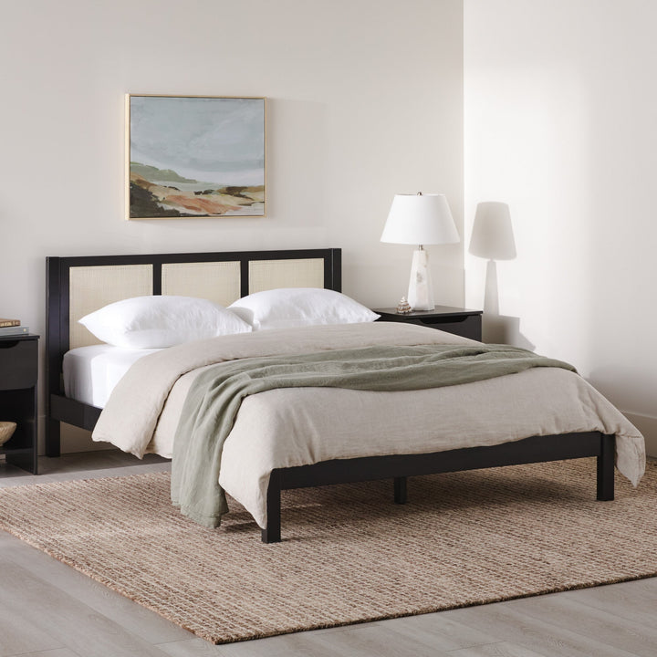 Yasmina Solid Wood Rattan Paneled Platform Bed (Queen or King)