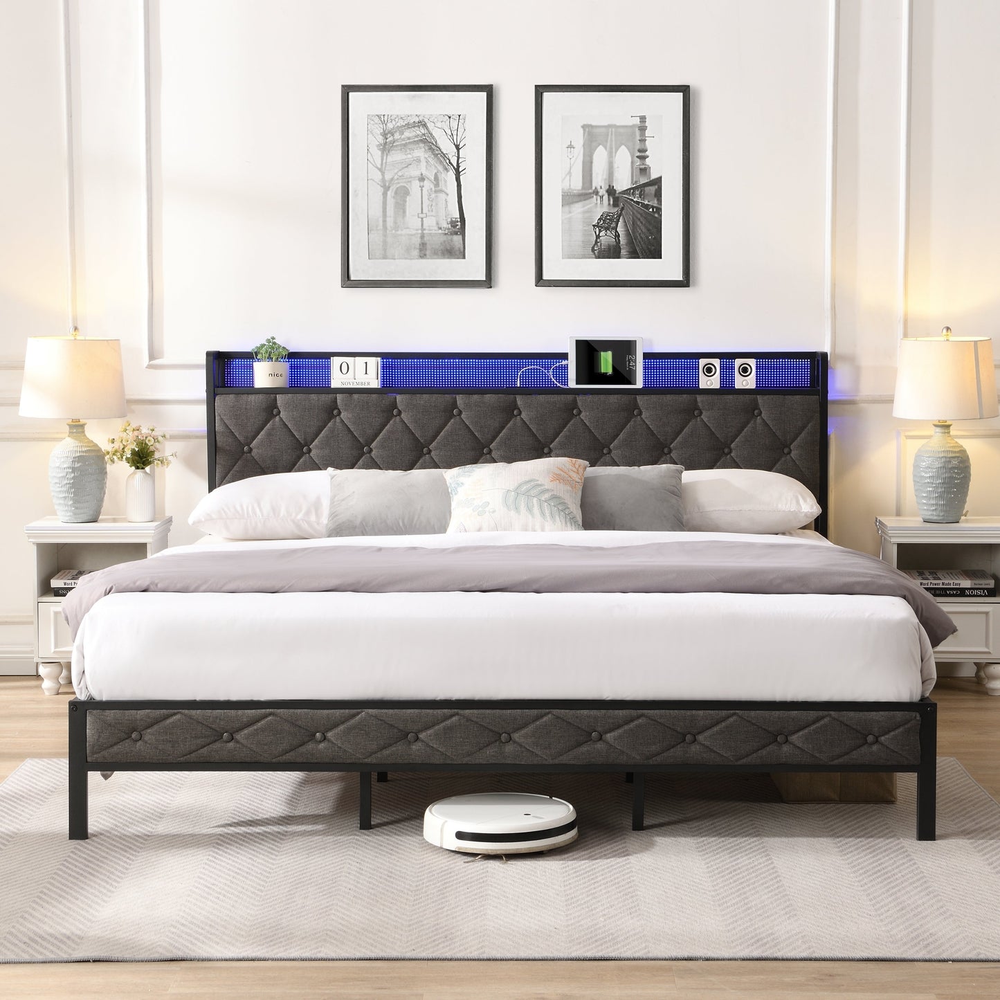 Walker Edison - Upholstered Storage Charging Station and LED Lights Bed