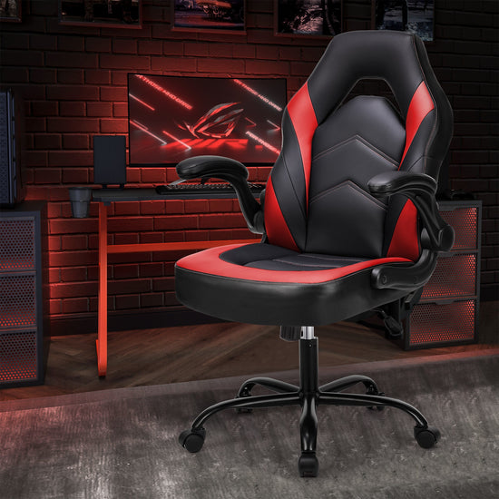 Walker Edison - Gaming Chair - PU Leather Computer Chair Ergonomic Office Chair with Lumbar Support, Height Adjustable Rolling Desk Chairs with Flip-up Armrests