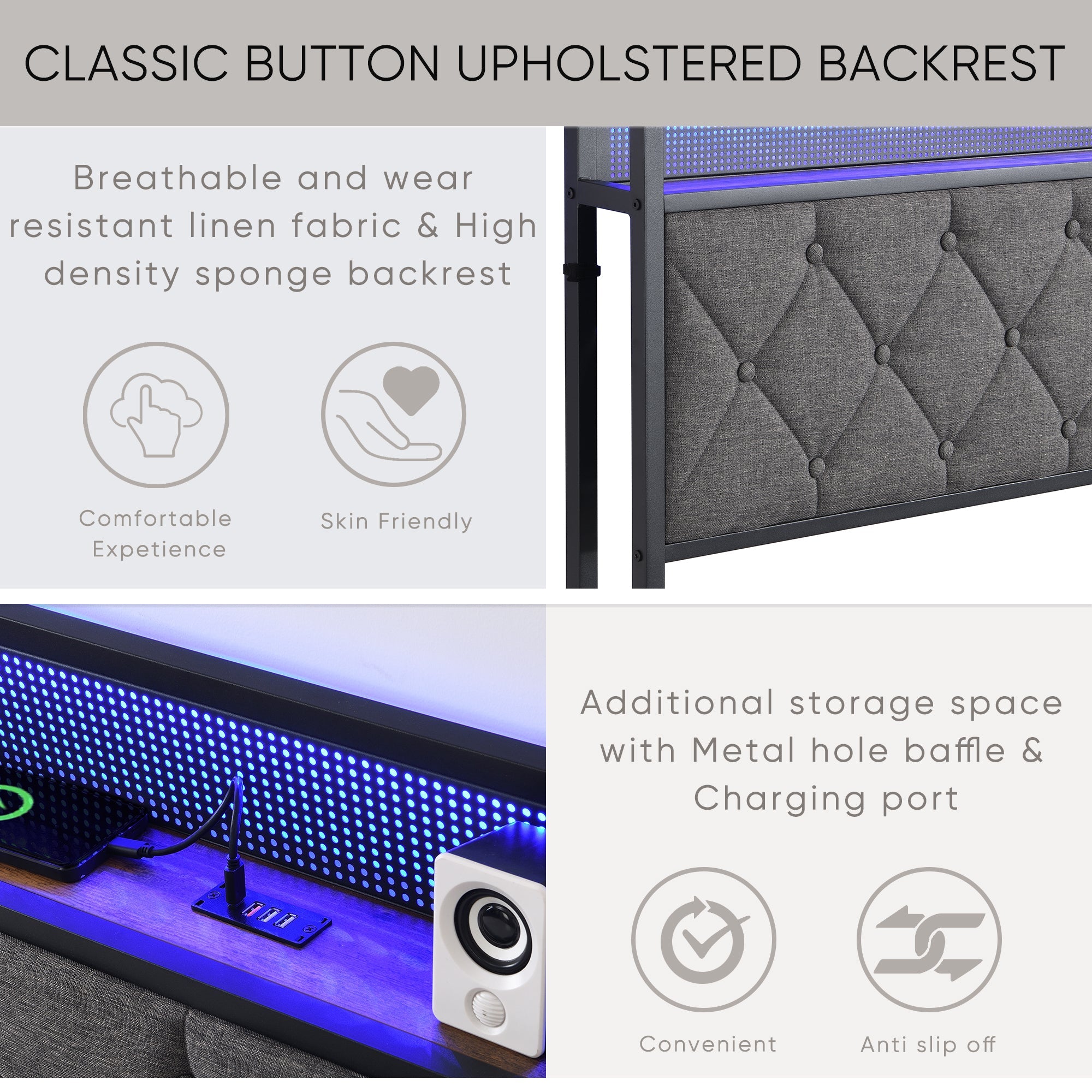 Walker Edison - Upholstered Storage Charging Station and LED Lights Bed