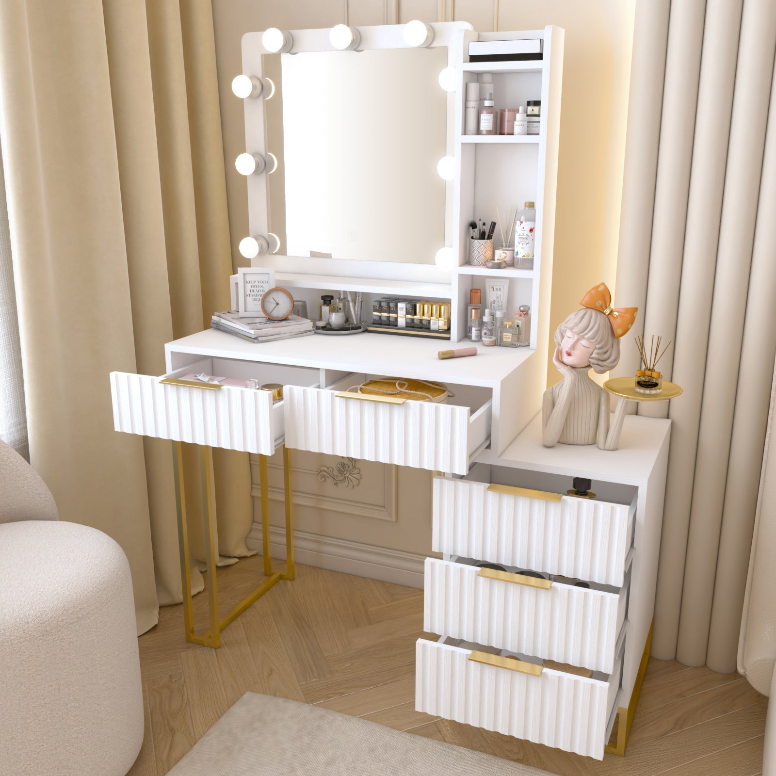 Walker Edison - Makeup Vanity Desk with Mirror and Lights