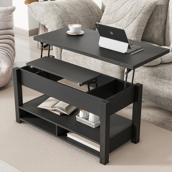 Walker Edison - Lift Top Coffee Table, Multi-Functional Coffee Table with Open Shelves, Modern Lift Tabletop Dining Table for Living Room, Home Office, Black