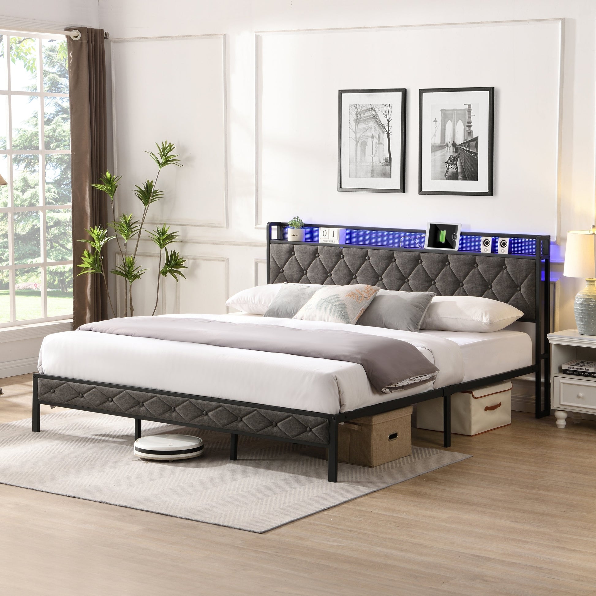 Walker Edison - Upholstered Storage Charging Station and LED Lights Bed