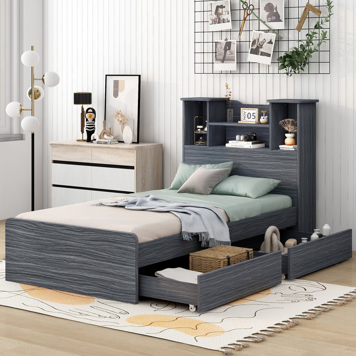 Walker Edison - Twin Size Storage Platform Bed Frame with 4 Open Storage Shelves and 2 Storage Drawers, LED Light, Gray