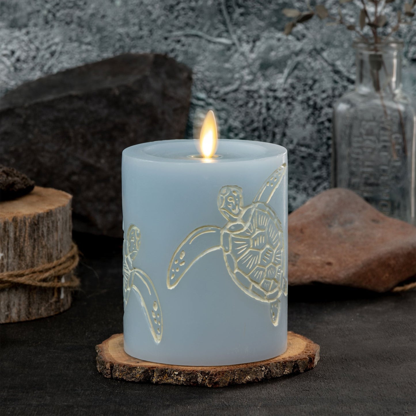 Coastal Blue Flameless Sea Turtle Candle Pillar - Recessed Top