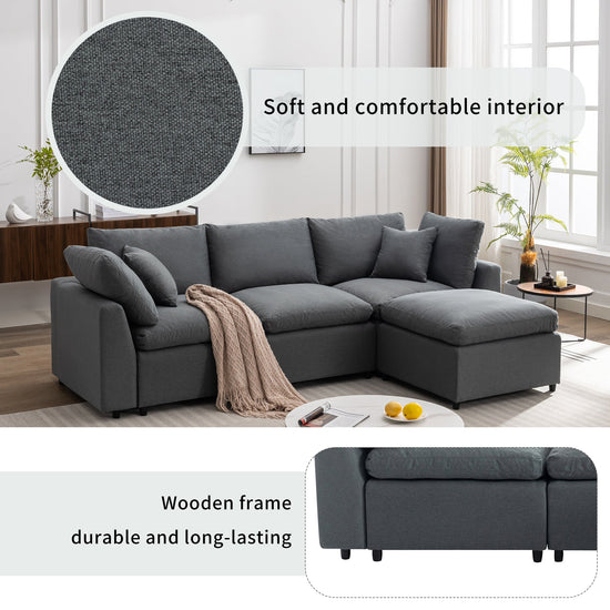 Walker Edison | Grey Cloud Pillow Top Sectional Sofa with Ottoman