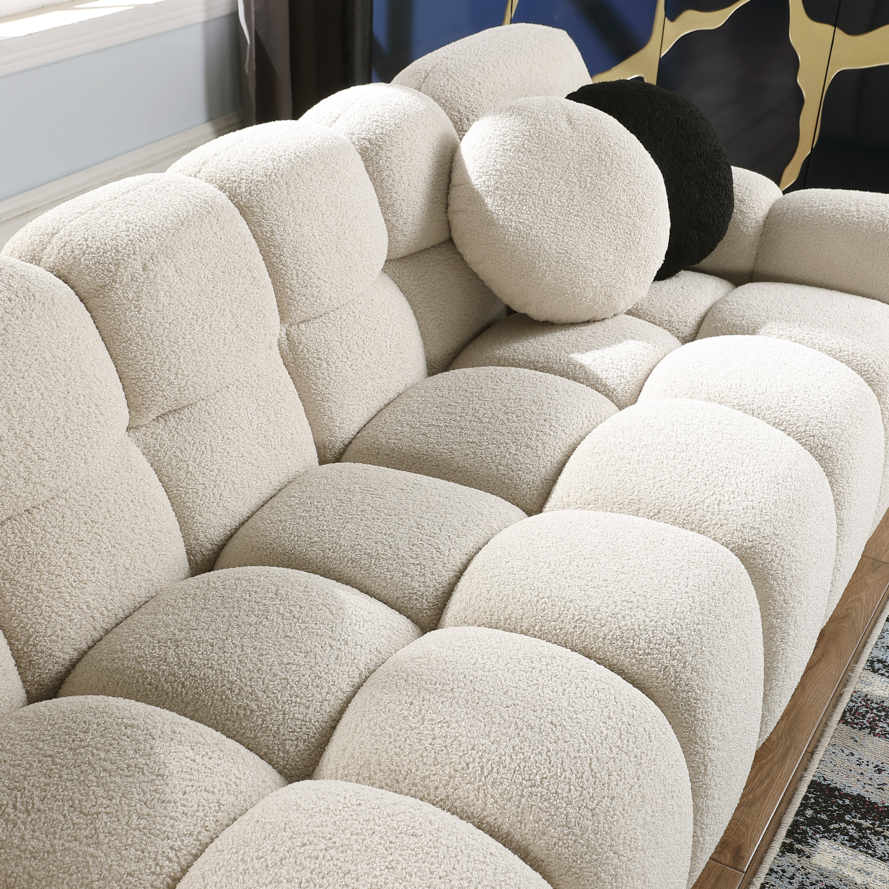 Walker Edison - 87.4 length, 35.83" depth, human body structure, marshmallow sofa, boucle sofa, 3 seater, BEIGE BOUCLE