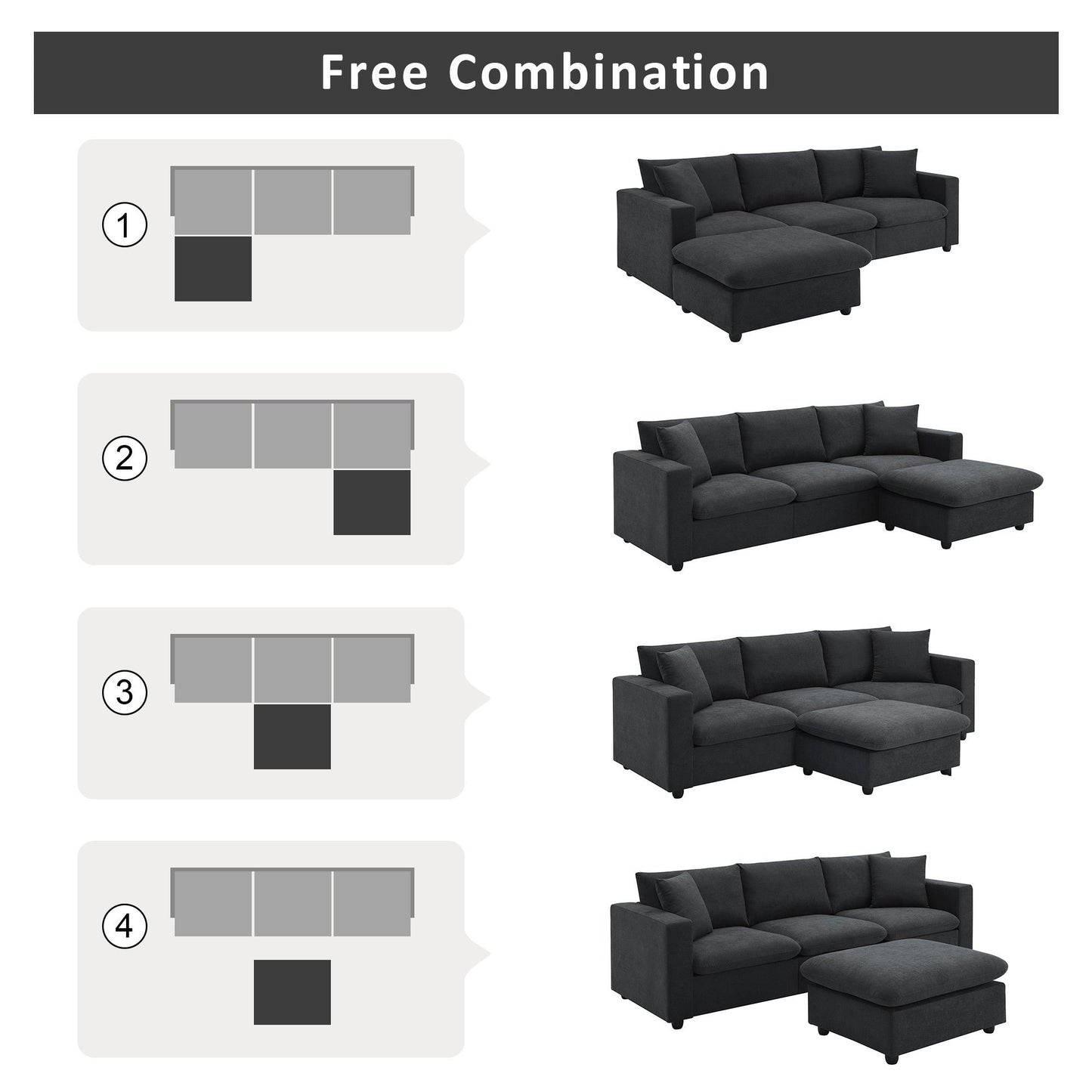 Walker Edison - Modern Sectional Sofa, L-shaped Couch Set with 2 pillows, 4-seat Polyester Fabric Couch Set with Convertible Ottoman for Living Room, Apartment, Office