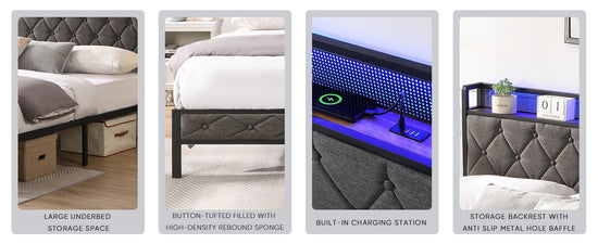 Walker Edison - Upholstered Storage Charging Station and LED Lights Bed