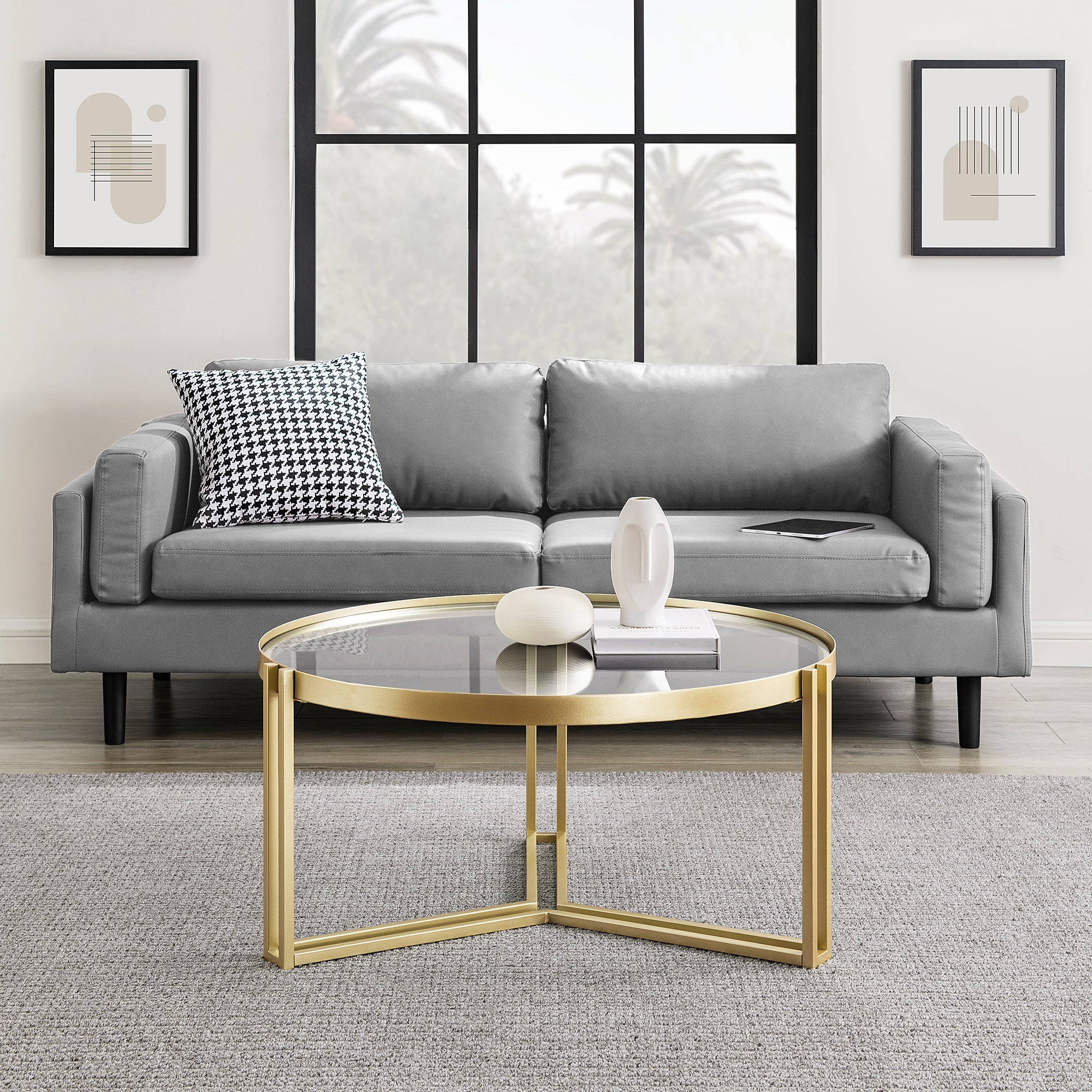 Glam Round Glass and Metal Tri-Leg Coffee Table