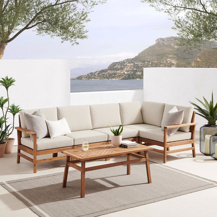 6-Piece Modern Chevron Acacia Outdoor Corner Sectional with Coffee Table - Mac & Mabel