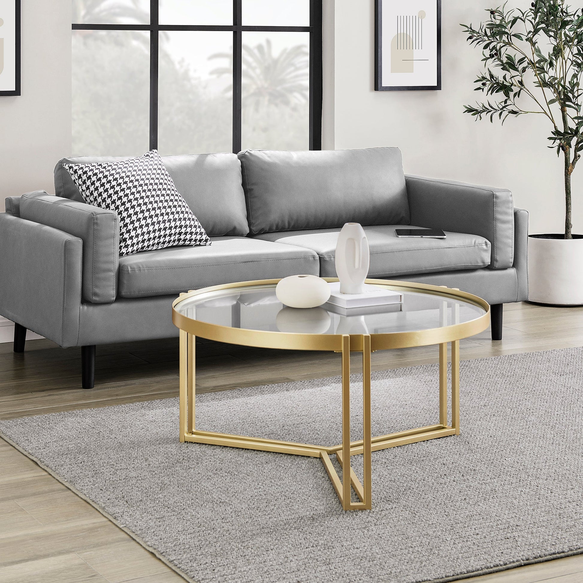 Glam Round Glass and Metal Tri-Leg Coffee Table
