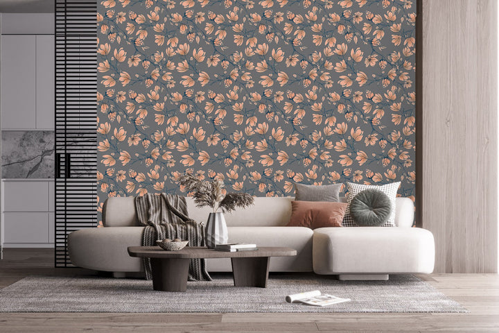 Grey Wallpaper with Beige Flowers
