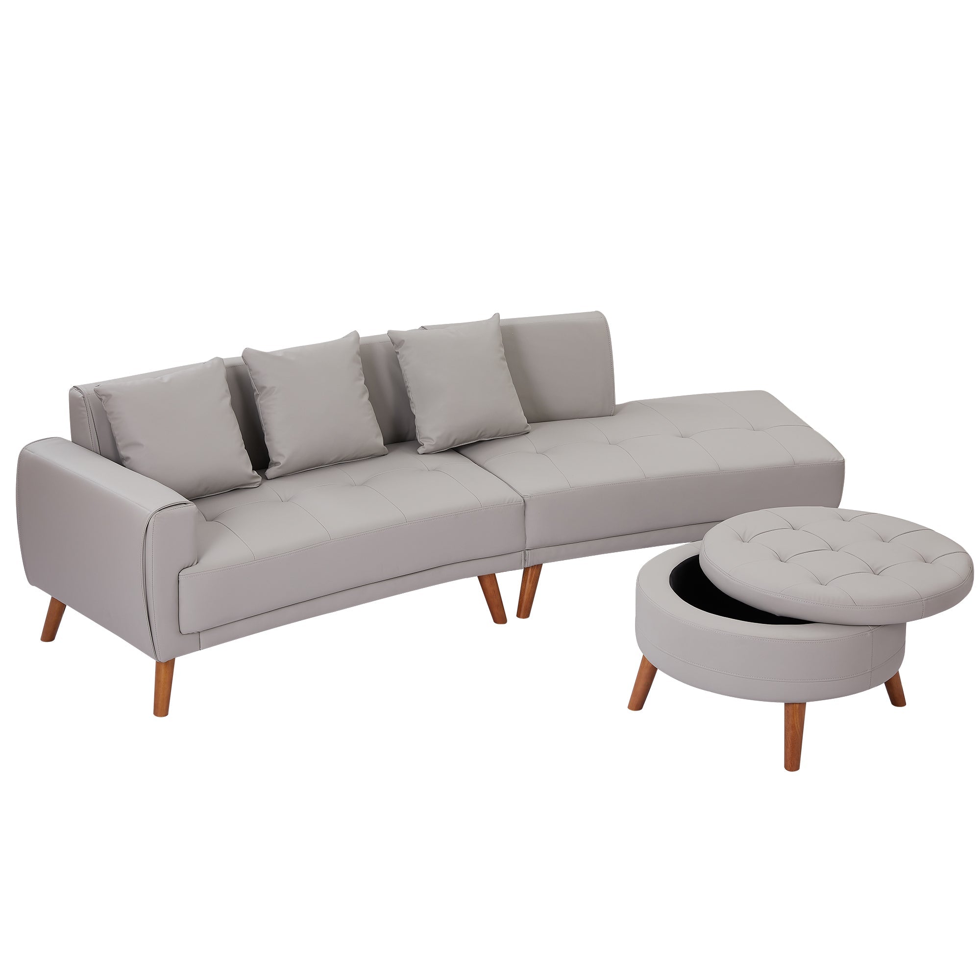 Walker Edison | Classic Modern 107" PU Leather Sofa with a Round Storage Ottoman