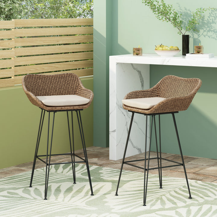 Walker Edison - Outdoor 29.25'' Wicker and Iron Barstool with Cushion (Set of 2)