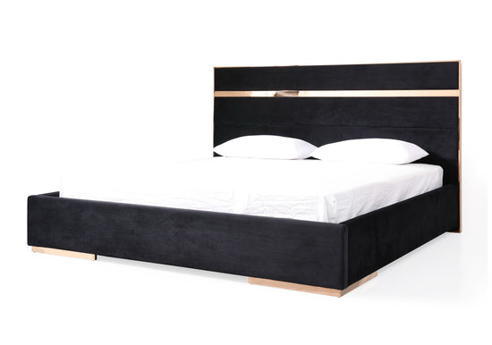 Queen Nova Domus Cartier Modern Black Velvet & Brushed Bronze Bed