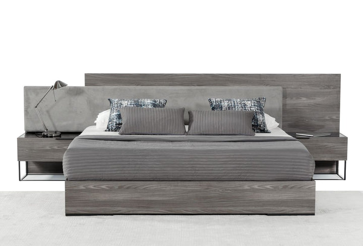 California King Nova Domus Enzo Italian Modern Grey Oak & Fabric Bed w/ Nightstands