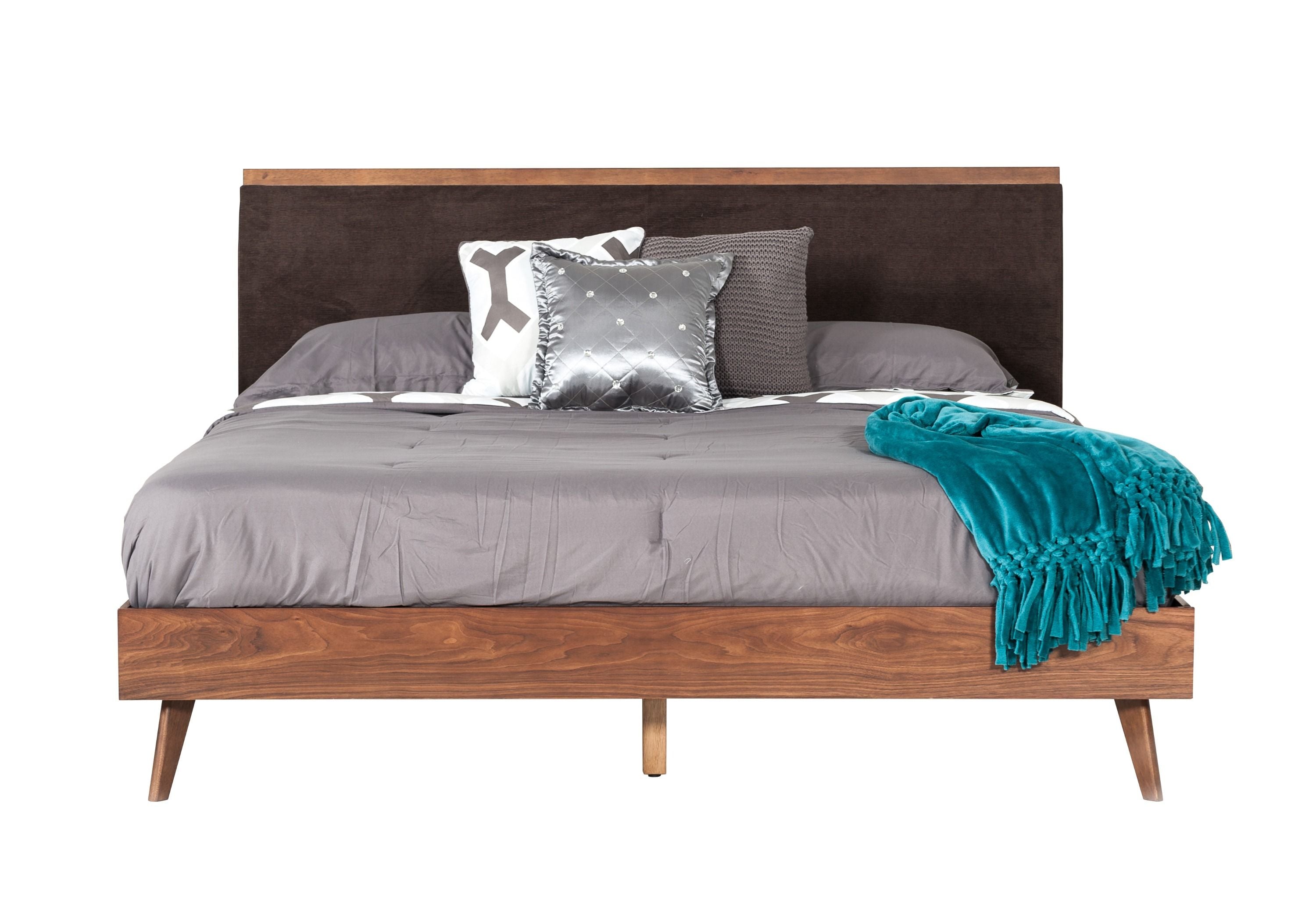 Queen Modrest Marshall Mid-Century Modern Brown Fabric & Walnut Bed