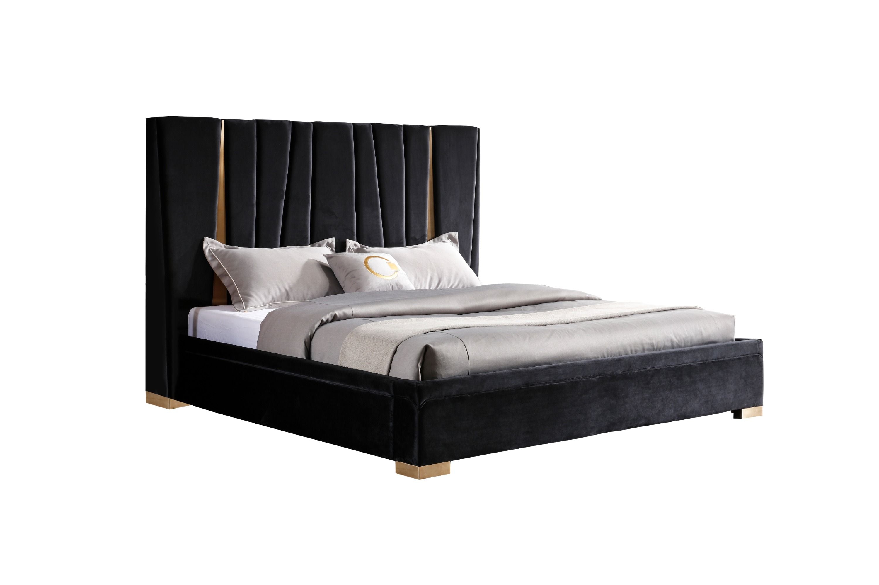 Queen Modrest Evonda Modern Black Velvet & Brass Bed