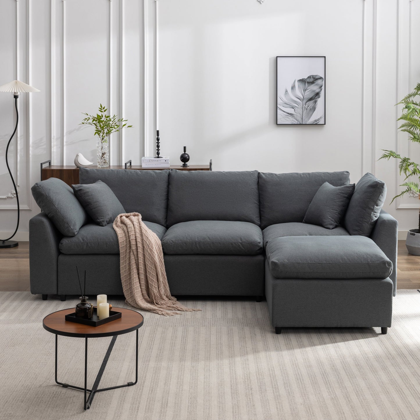 Walker Edison | Grey Cloud Pillow Top Sectional Sofa with Ottoman