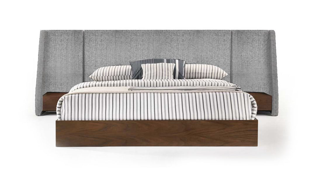 Queen Nova Domus Janice - Modern Grey Fabric and Walnut Bed and Nightstands