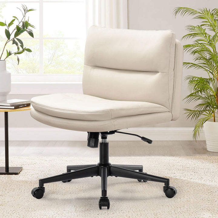 Walker Edison - Office Chair Armless Desk Chair with Wheels, PU Padded Wide Seat Home Office Chairs, 120° Rocking Mid Back Cute Computer Chair for Bedroom, Vanity, Makeup