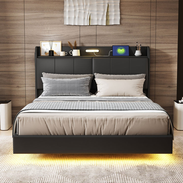 Walker Edison - Modern Upholstered Platform Queen Bed with Floating Bed Frame & Storage Headboard