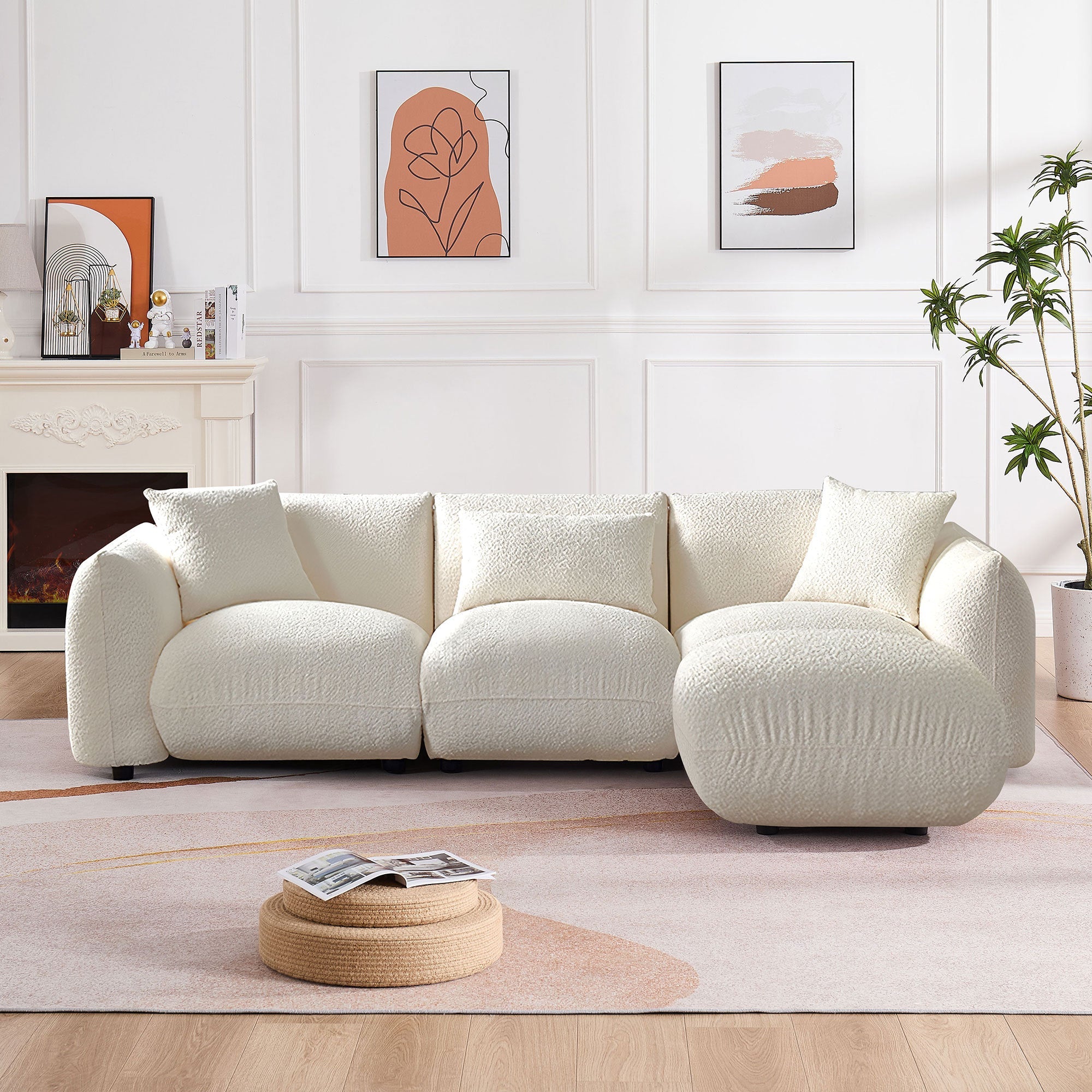 Walker Edison | Minimalist Sherpa 3-Seater Sofa with Ottoman