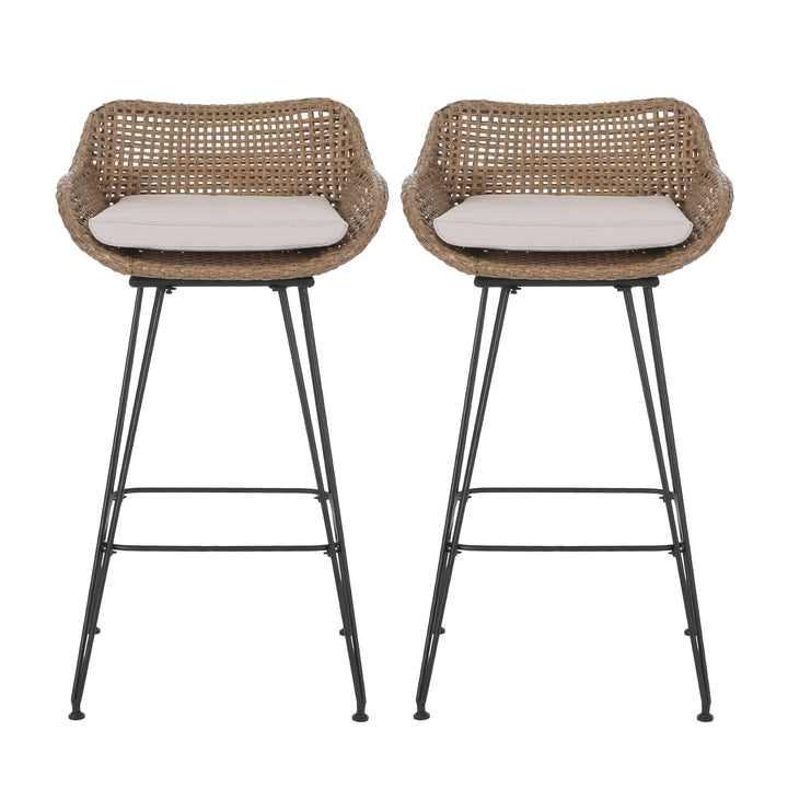 Walker Edison - Outdoor 29.25'' Wicker and Iron Barstool with Cushion (Set of 2)