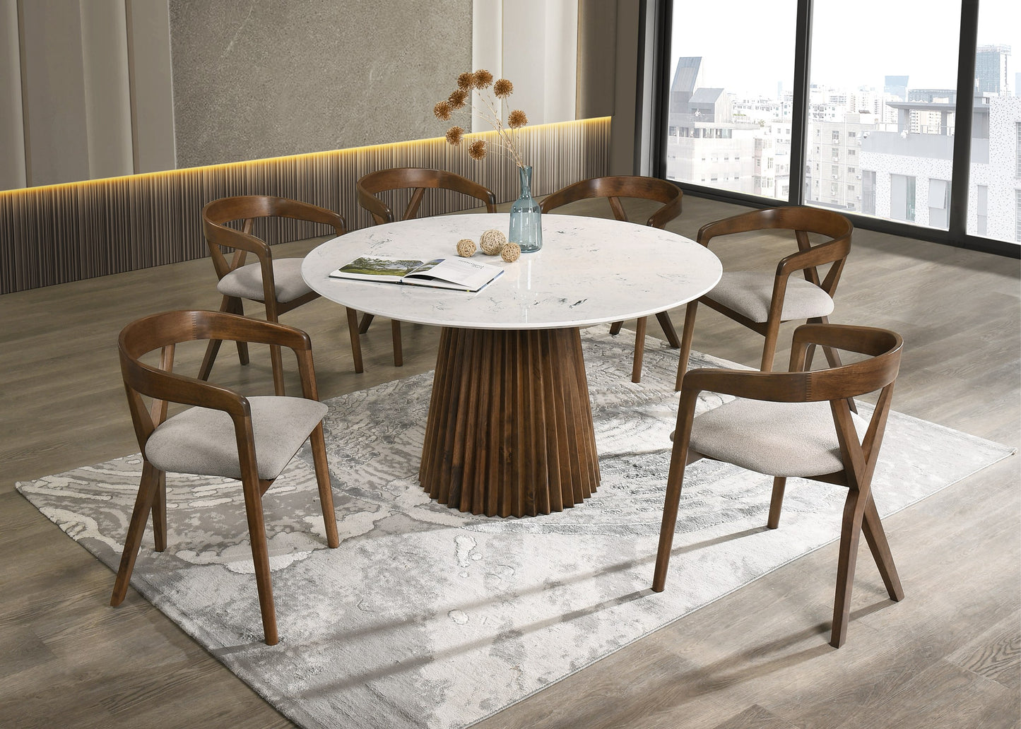 Modrest Nancy + Weiss - Mid-Century Modern Marble + Walnut Dining Table Set