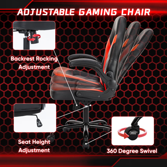 Walker Edison - Gaming Chair - PU Leather Computer Chair Ergonomic Office Chair with Lumbar Support, Height Adjustable Rolling Desk Chairs with Flip-up Armrests