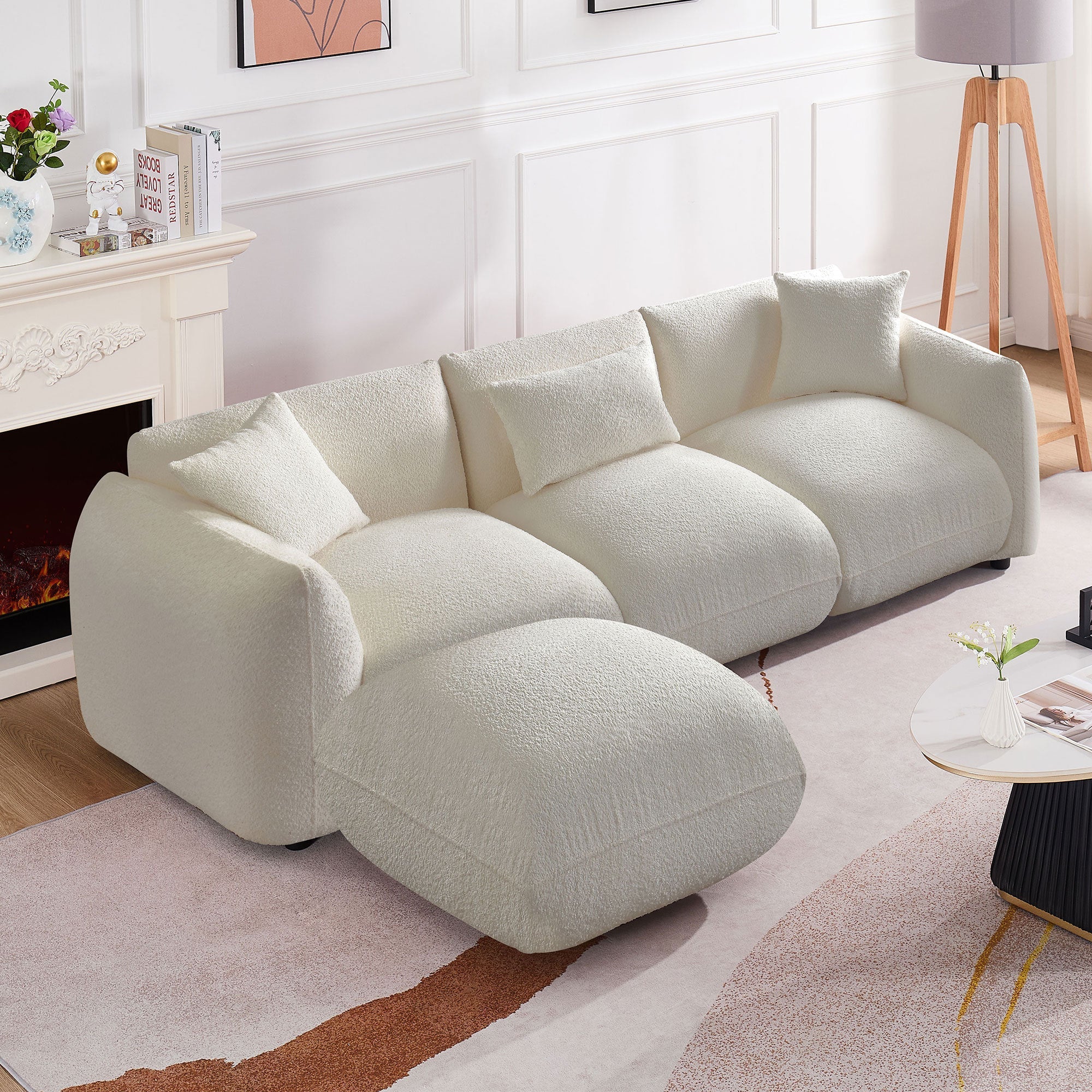 Walker Edison | Minimalist Sherpa 3-Seater Sofa with Ottoman