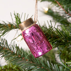 Glass Mini Mason Jar Hanging Christmas Ornament - Mercury Pink - Set of 6