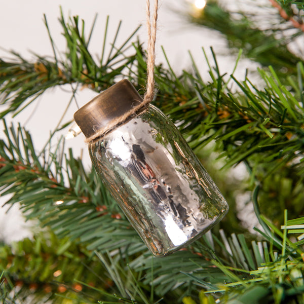 Glass Mini Mason Jar Hanging Christmas Ornament - Mercury Silver - Set of 6