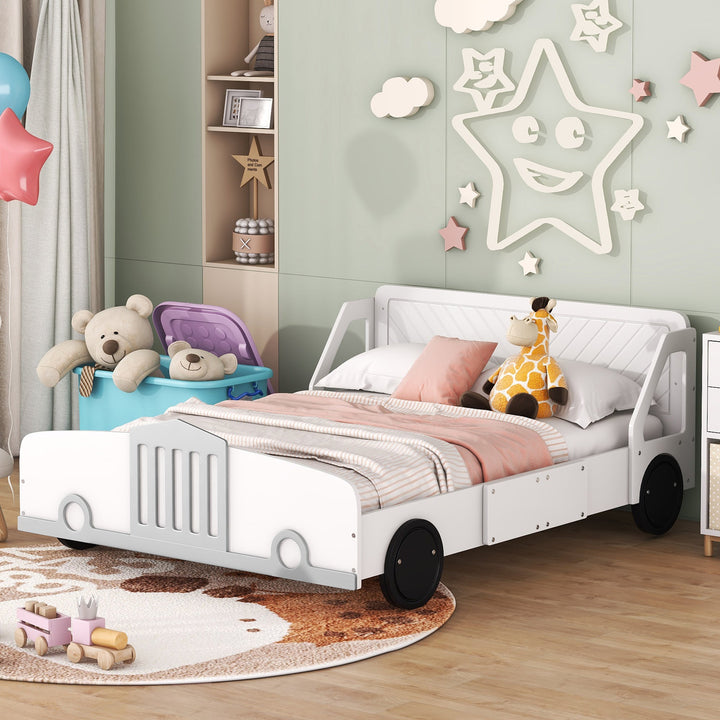 Walker Edison - Full Size Car-Shaped Platform Bed with Wheels, White