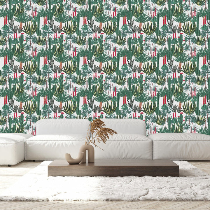 White Wallpaper with Palms and Cactus