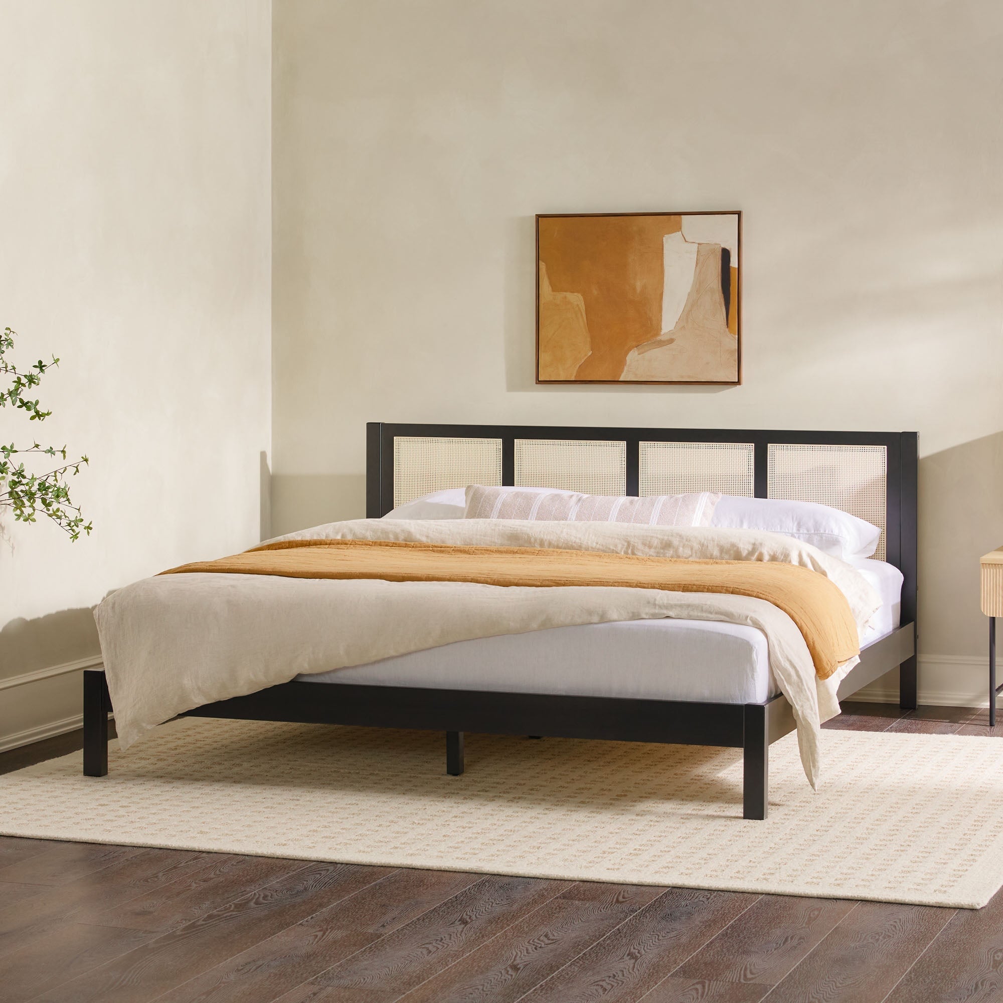 Yasmina Solid Wood Rattan Paneled Platform Bed (Queen or King)