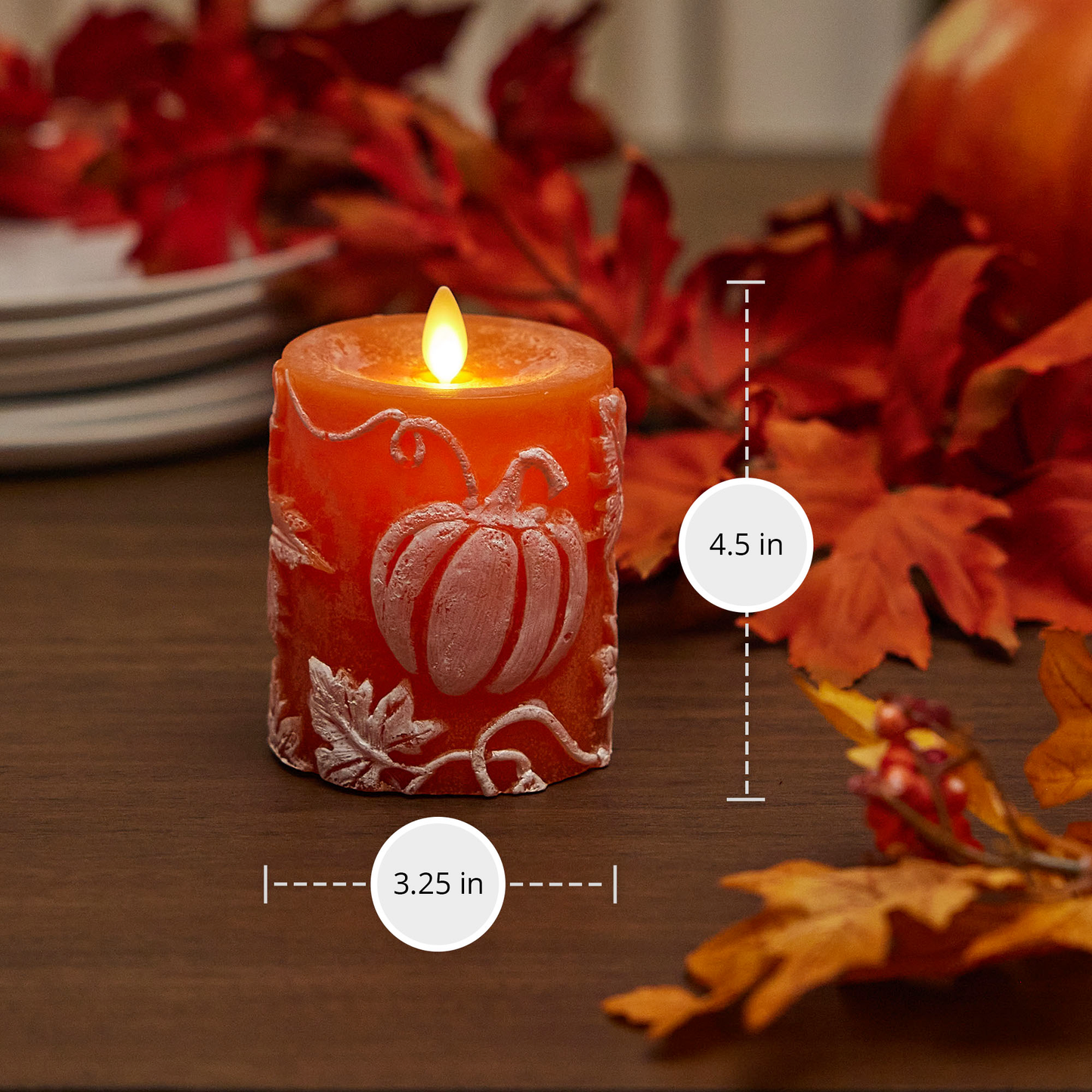 Harvest Pumpkin Embossed Leaves & Pumpkins Flameless Candle Pillar