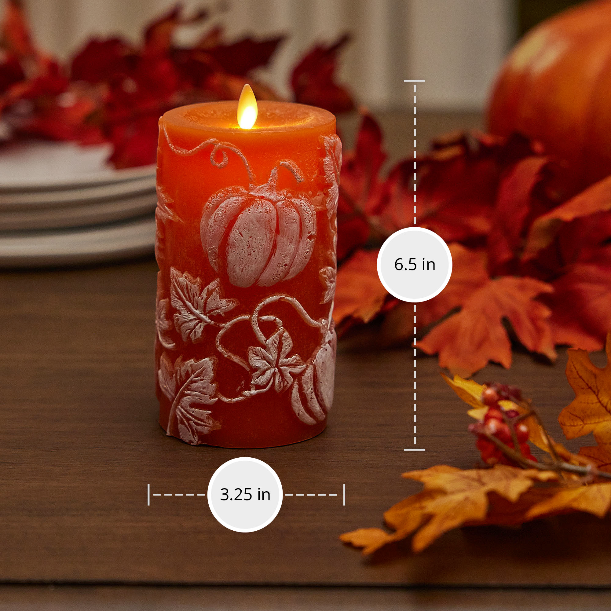 Harvest Pumpkin Embossed Leaves & Pumpkins Flameless Candle Pillar