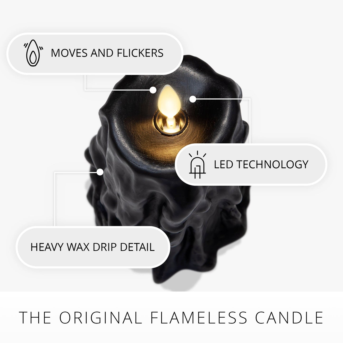 Black Heavy Wax Drip Flameless Candle Slim Pillar