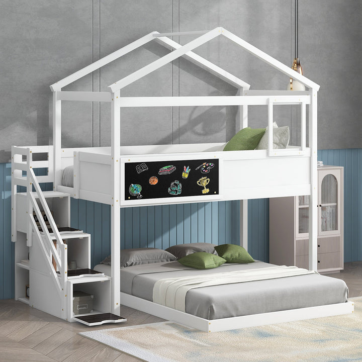 Walker Edison - Twin over Full House Bunk Bed with Storage Staircase and Blackboard, White